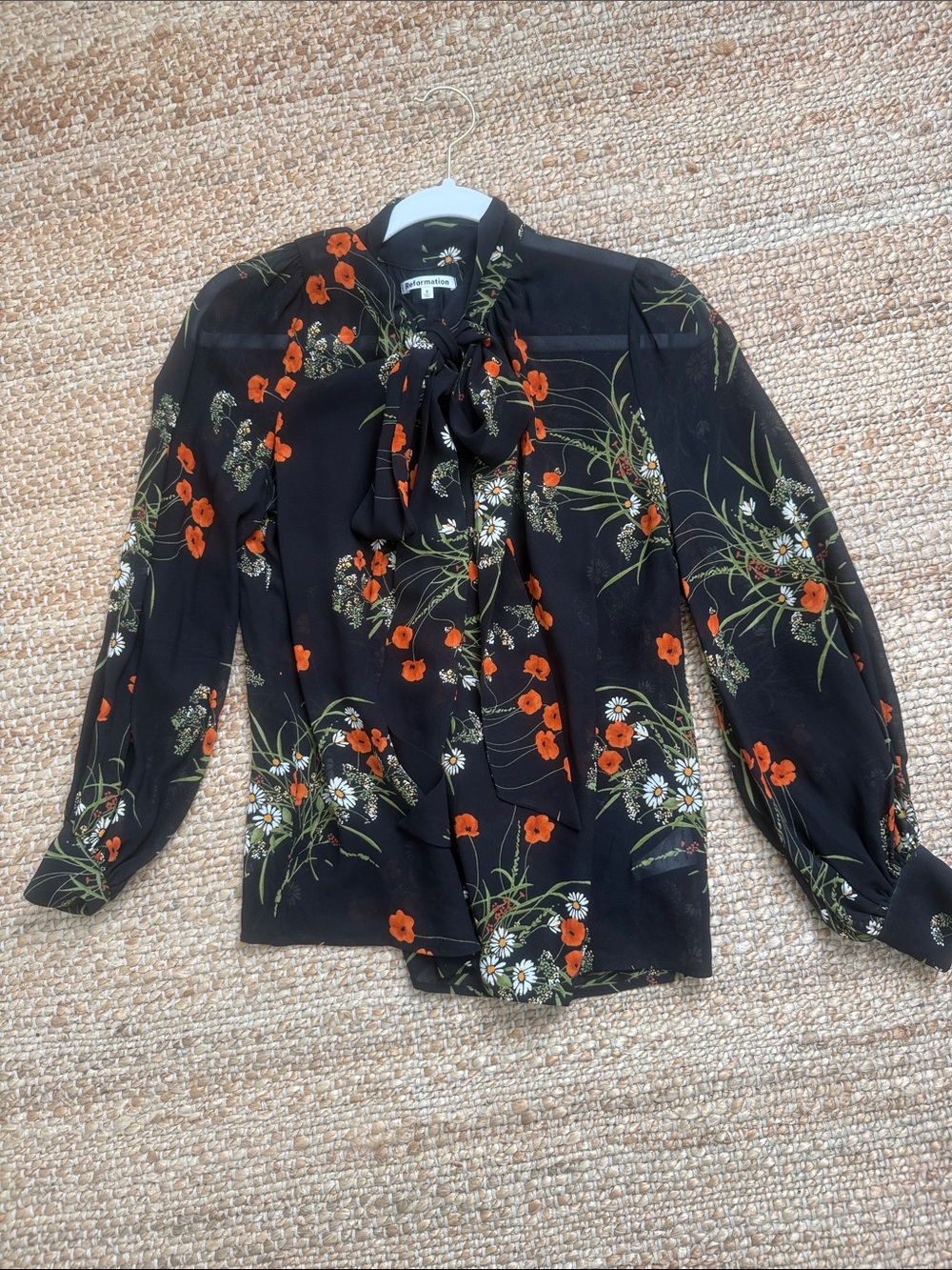 Reformation Black Floral Tie-Neck Blouse with Orange & White Blooms